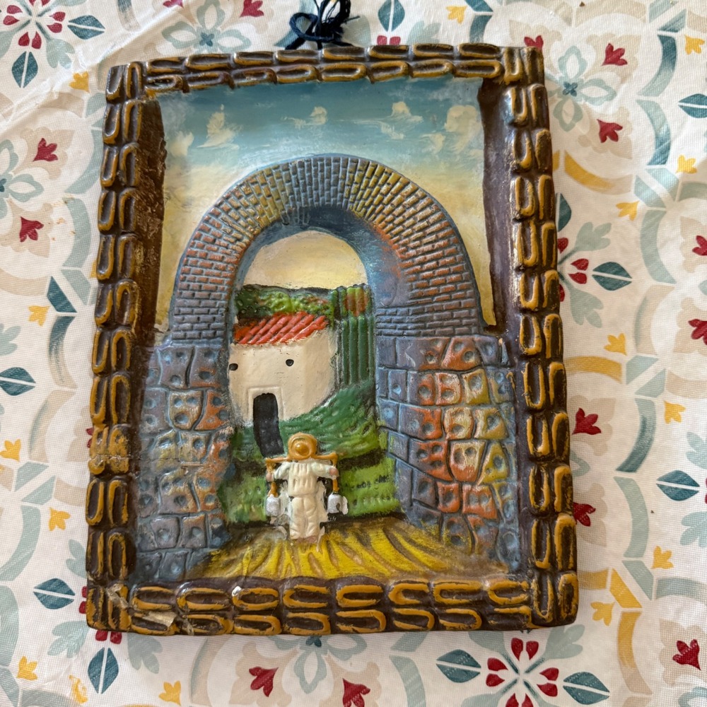 Vintage 3D Relief Chalkware Wall Plaque Mediterranean Village Scene Hand Painted